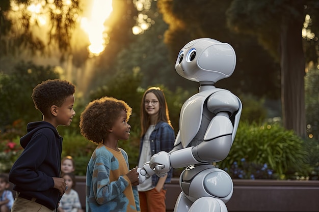 Robot d'intelligence artificielle dans un parc avec des enfants