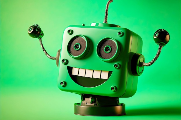 Robot d'intelligence artificielle moderne sous forme de visage souriant virtuel sur fond vert