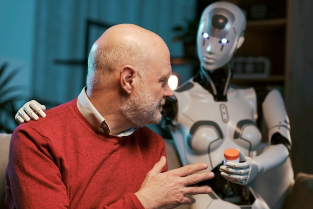 Un robot d'intelligence artificielle qui donne des médicaments à un homme âgé