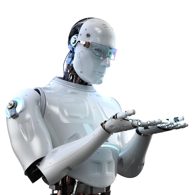 Robot d'intelligence artificielle de rendu 3d ou cyborg avec main vide isolé sur blanc