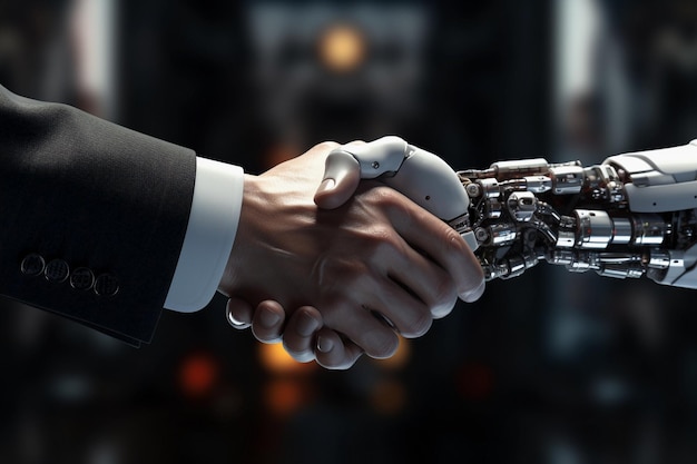 Un robot d'intelligence artificielle serre la main d'un homme d'affaires Concept de technologie d'entreprise AI générative