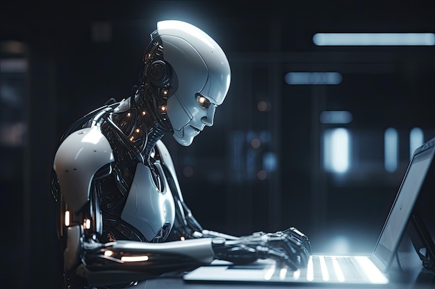 Robot d'intelligence artificielle tapant sur un ordinateur portable dans une salle de laboratoire futuriste ai générative