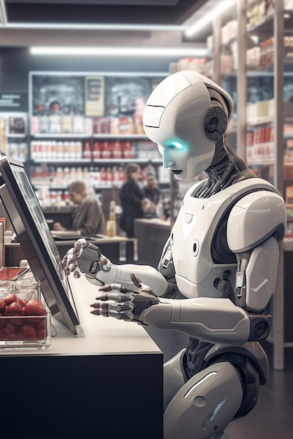 Photo un robot à intelligence artificielle travaille dans une épicerie.