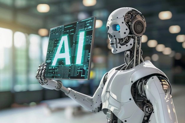 un robot intelligent tenant un panneau d'affichage un apprentissage automatique
