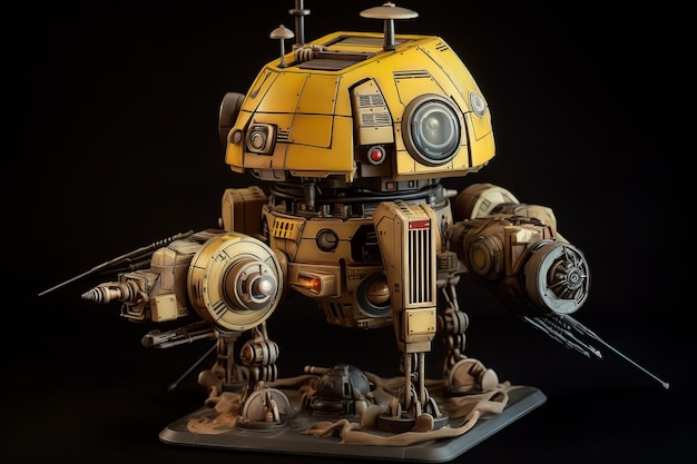 Un robot jaune avec un grand casque jaune et noir.