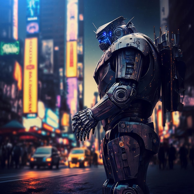 Robot jouant dans une ville futuriste mécanicien punk à vapeur Intrigue futuriste un vieux robot dans la ville