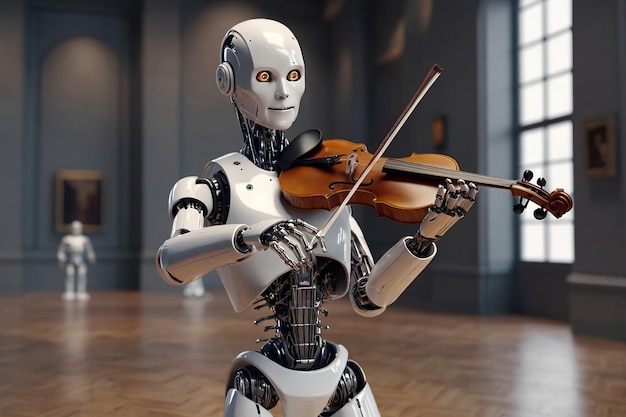 Robot jouant du violon dans le musée Concept d'intelligence artificielle Rendering 3D