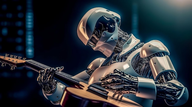 Photo un robot jouant de la guitare cyborg fait avec l'ia générative