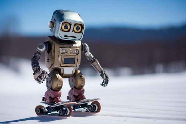 un robot jouet faisant du skateboard dans la neige