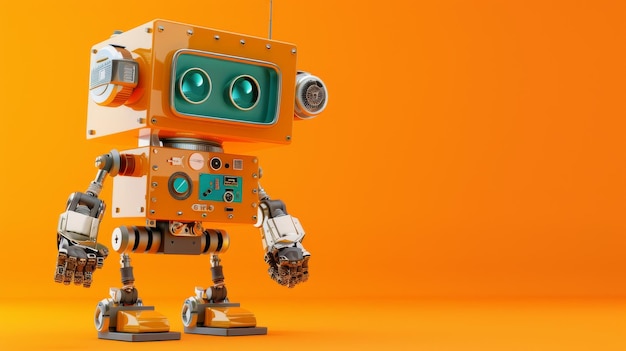 Un robot jouet se tient ferme contre un fond orange vibrant