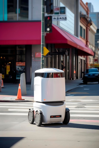 Le robot de livraison conduit dans les rues de la ville Le concept de livraison autonome du dernier kilomètre généré par l'IA