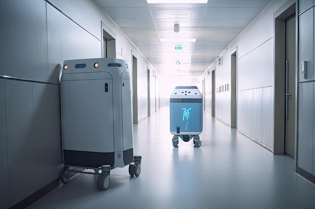 Un robot livrant des fournitures médicales à une salle d'hôpital créée avec une IA générative