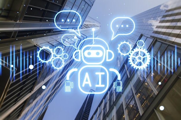 Robot lumineux créatif ai hologramme sur fond flou de la ville apprentissage automatique de la machine intelligence artificielle et concept d'assistant de conversation double exposition