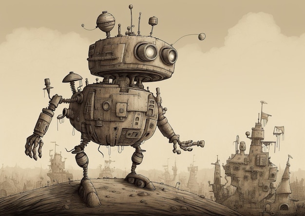 Photo robot machinarium d'aventure fantaisiste dans une ville fantastique de dessin animé ia générative