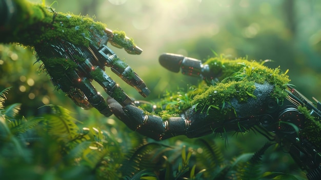Robot et main naturelle couverts d'herbe se tendant l'un vers l'autre coopération syndicale entre la technologie et la nature rendu en 3D
