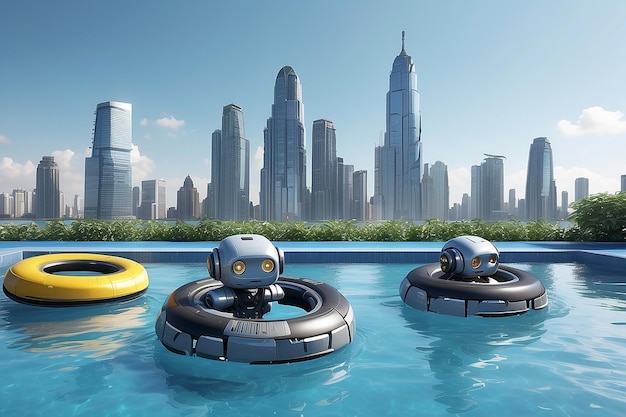 Robot mâle et femelle avec des pneus flottants nageant dans la piscine devant l'horizon de la ville 3D rendu stock illustra
