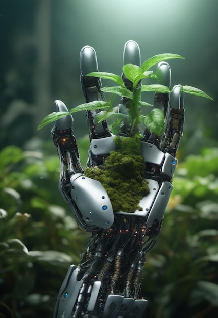 Un robot manuel tenant une plante dans la terre IA générative Planter des arbres pour le reboisement