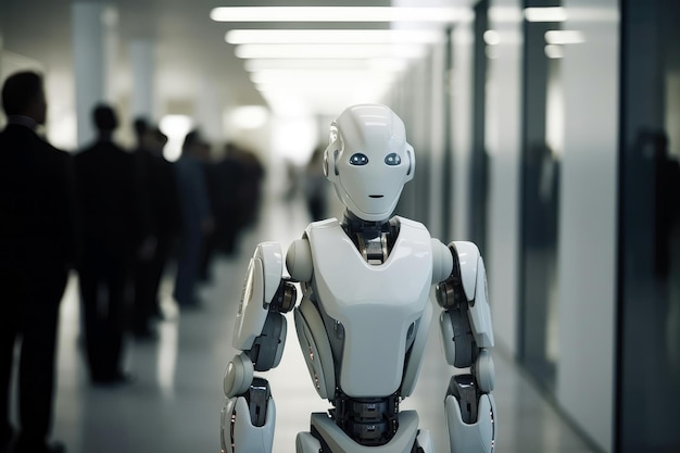 Un robot marche dans le couloir du bureau avec des personnes floues en costume d'affaires assis en arrière-plan Le concept de remplacement des humains par des robots AI générative