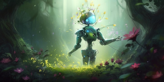 Un robot marche dans une forêt avec des fleurs au sol.