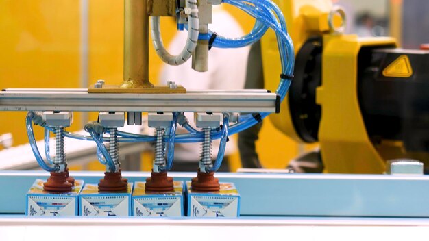 Un robot mécanique doté d'intelligence artificielle trie les produits sur le convoyeur avec des technologies modernes