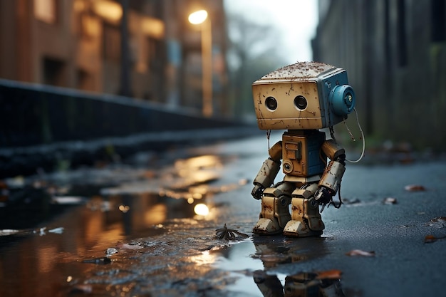 Un robot mélancolique solitaire abandonné dans la rue AI