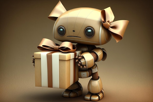 Robot mignon avec cadeau et arc sur sa poitrine prêt à surprendre quelqu'un