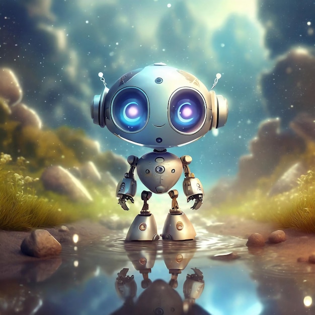 Robot mignon debout dans une flaque d'eau sur un personnage de fantaisie 3D hyper réaliste