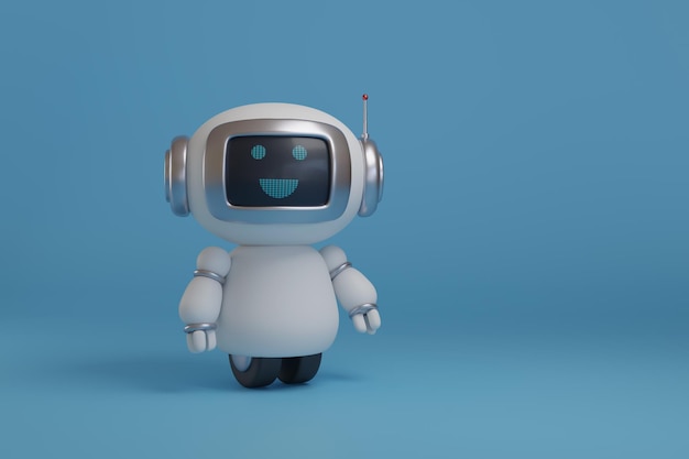 Robot mignon et heureux sur fond bleu avec une illustration 3D de l'espace de copie
