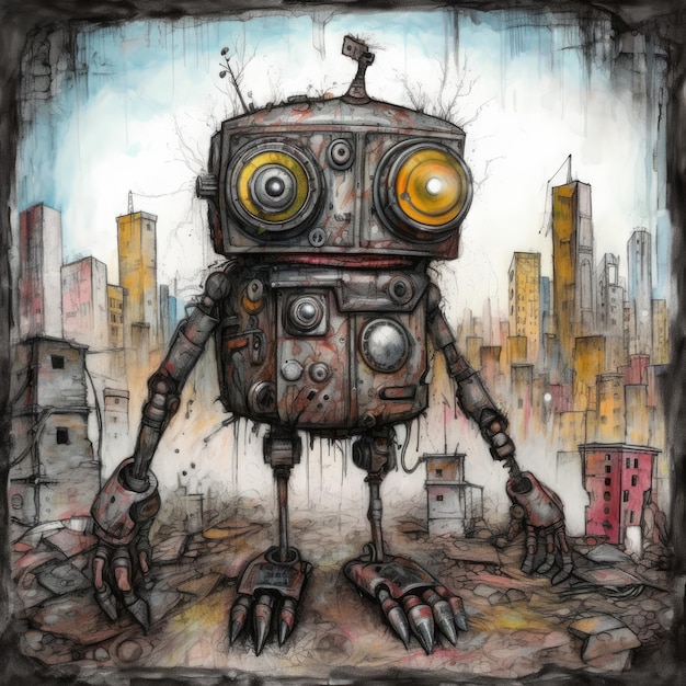 robot mignon monstre conception illustration grands yeux emo effrayant terrifiant pastel art personnalisé