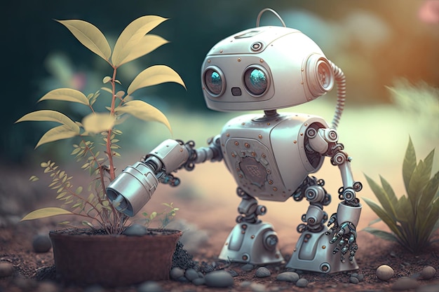 Robot mignon qui s'occupe d'arroser les plantes de jardin et d'élaguer les branches