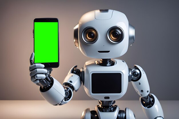 Un robot mignon et réaliste en 3D démontre l'écran du smartphone à la caméra.