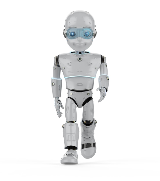 Robot mignon de rendu 3D ou robot d'intelligence artificielle avec marche de personnage de dessin animé