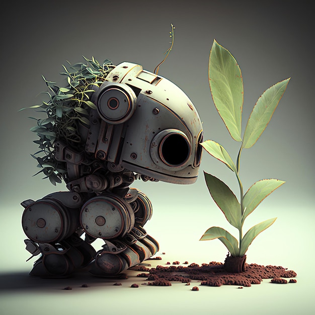 un robot moderne mignon est engagé dans le jardinage