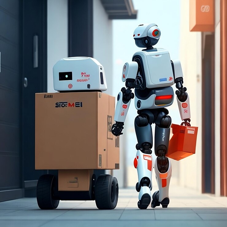 Un robot avec le mot robot dessus est sur un chariot.