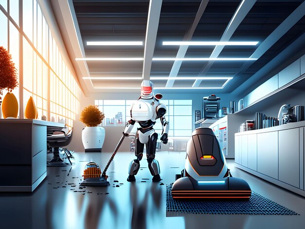 Le robot nettoie une grande pièce, un bureau ou un laboratoire Robot nettoyeur professionnel Robot de concierge Artificiel