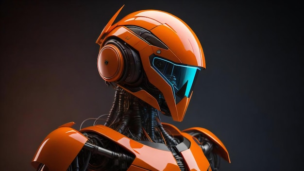 Un robot orange avec des écouteurs sur un fond sombre