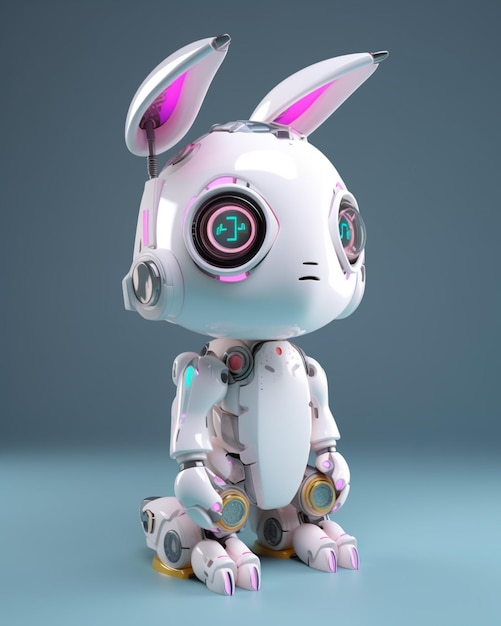 Un robot avec des oreilles de lapin est assis sur un fond bleu.