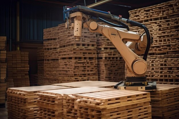Robot de palettisation manipulant et empilant des palettes en bois dans un entrepôt créé avec l'IA générative