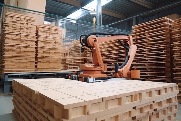 Robot de palettisation manipulant et empilant des palettes en bois dans un entrepôt créé avec l'IA générative