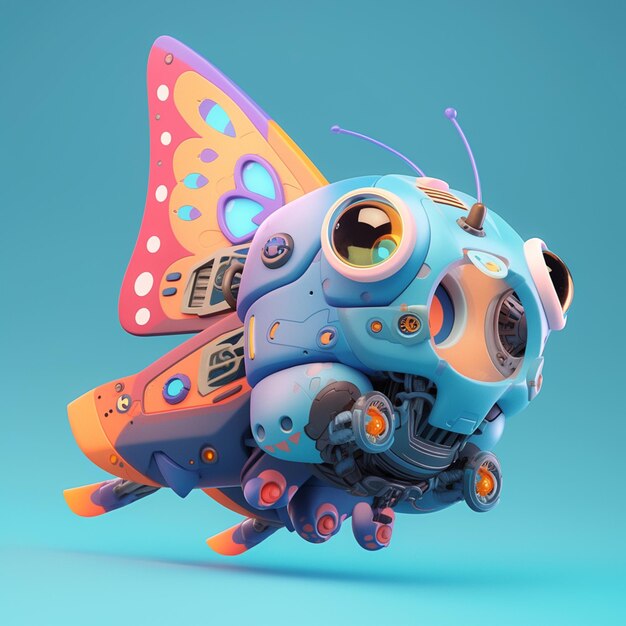 Un robot avec un papillon sur ses ailes vole sur fond bleu.