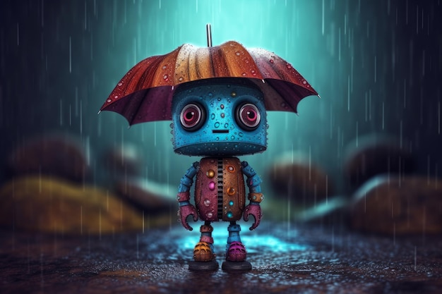 Un robot avec un parapluie sous la pluie