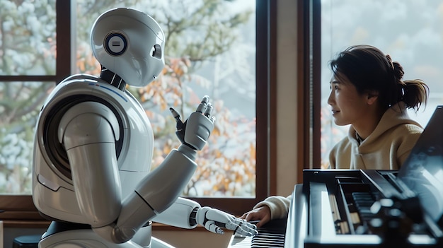 un robot et une personne dans une pièce avec un clavier de piano