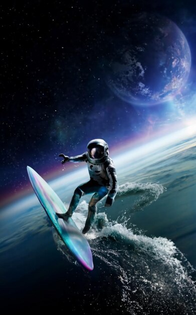 Photo robot sur une planche de surf futuriste concept de vacances