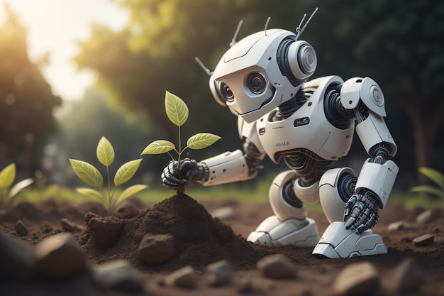 Robot plantant une plante dans une forêt
