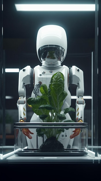 Un robot avec une plante dans la bouche