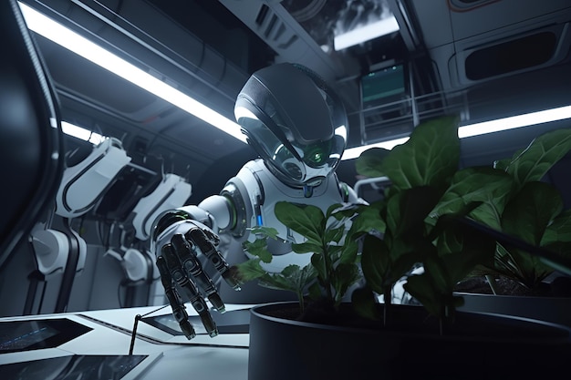 Un robot avec une plante à la main regarde une plante en pot.