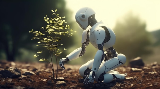 Un robot plante un petit arbre dans un champ.