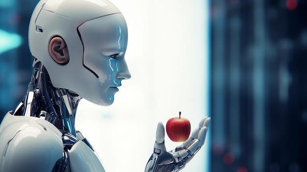 Un robot avec une pomme rouge.