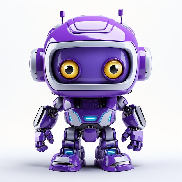 un robot pourpre avec des yeux jaunes et un robot violet sur le dos