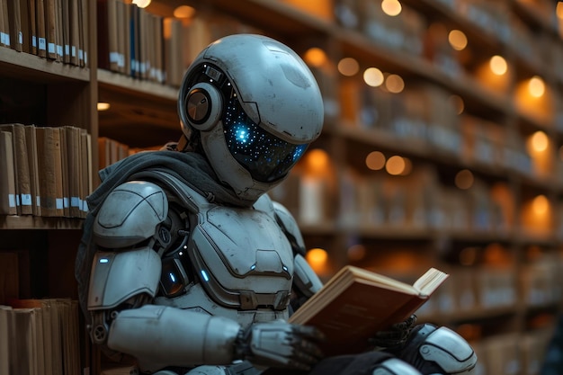 Un robot qui lit un livre à la bibliothèque